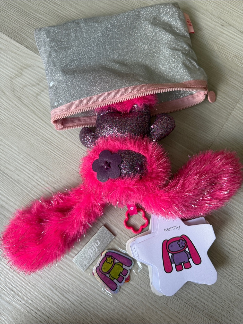 JuJu Bright Hot Pink Fuzzy Bunny Keychain with Silver Glitter Pouch
